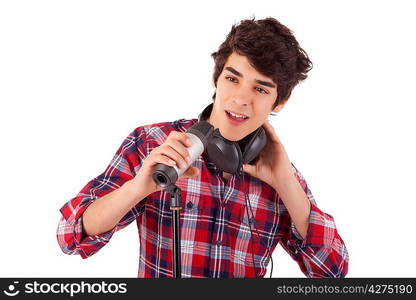 Young and handsome dj playing some music