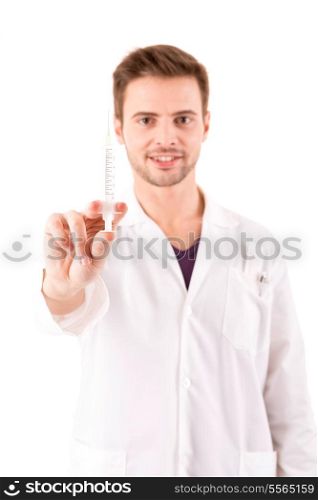 Young and handsome medic holding a syringe