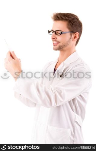 Young and handsome medic holding a syringe