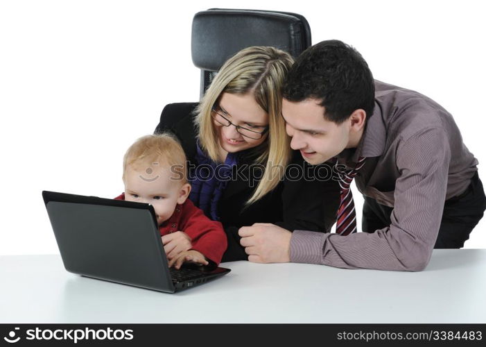 Young and happy businesspeople at office. Isolated on white background