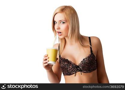 young and sexy blond girl wearing brown bra and drinking from a paper cup isolated aver white, she is turned of three quarters at right and looks in to the lens with open mouth