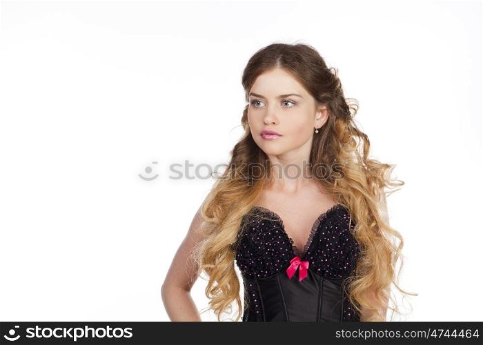 Young and sexy blond woman in black corset lingerie bright makeup isolated on white
