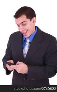young and smiling man looking at his cellphone