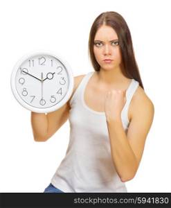 Young angry girl with clocks isolated