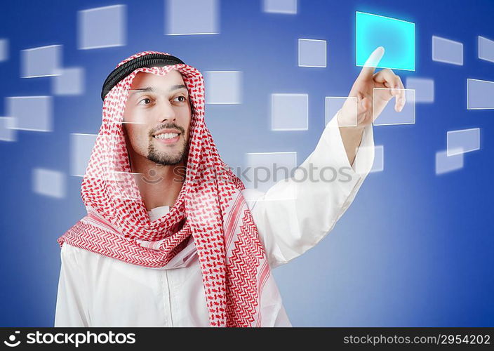 Young arab pressing virtual buttons