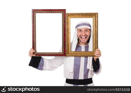 Young arab with picture frame on white