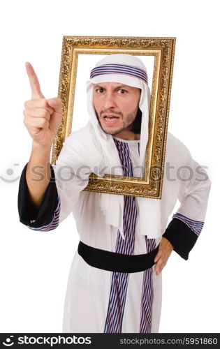 Young arab with picture frame on white