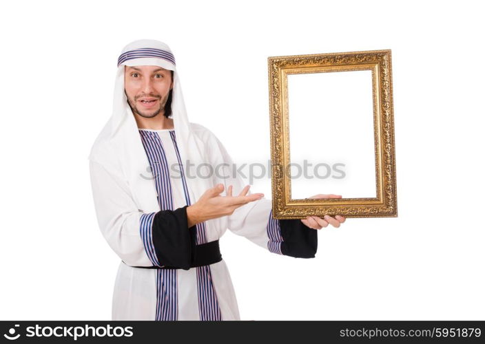 Young arab with picture frame on white