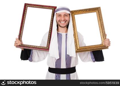 Young arab with picture frame on white
