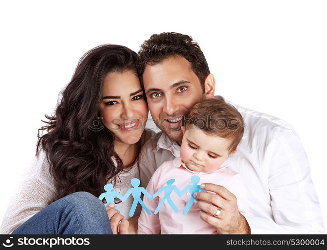 Young arabic family isolated on white background, holding in hands bonding paper people figure, safety and security, human reproduction concept