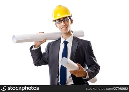 Young architect with drawings isolated on white