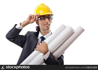 Young architect with drawings isolated on white