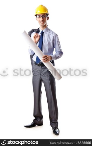 Young architect with drawings isolated on white