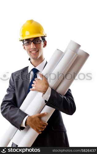Young architect with drawings isolated on white