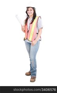 Young architect woman wearing a protective helmet, standing. Isolated on white background
