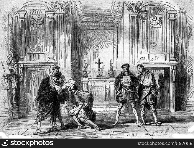 Young artists in the funeral chapel of the Medici, Louvre Museum, vintage engraved illustration. Magasin Pittoresque 1867.