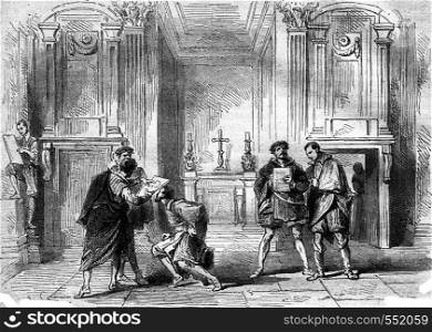 Young artists in the funeral chapel of the Medici, Louvre Museum, vintage engraved illustration. Magasin Pittoresque 1867.