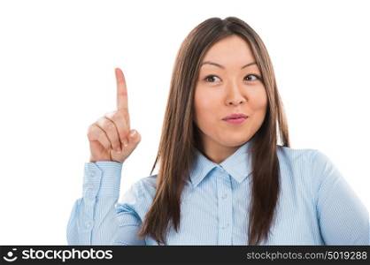 Young asian business woman pointing up and having good idea
