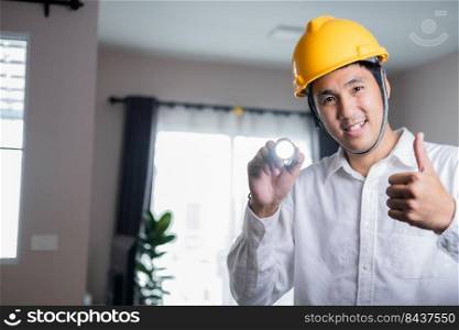 Young asian checking house foreman engineering home inspection building house Walk home inspection with looking and pointing construction for check building home on job site to customers