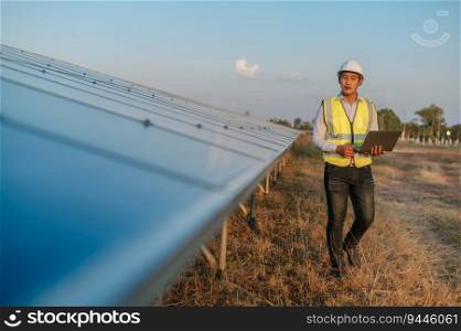 Young Asian Inspector Engineer man use laptop computer working at solar farm, Technician, supervisor male in white helmet Checking operation of sun and photovoltaic solar panel in station, copy space