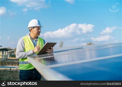 Young Asian Inspector Engineer man working at solar farm, Technician or supervisor male in white helmet Checking operation of sun and photovoltaic solar panel in station, copy space