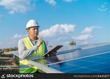 Young Asian Inspector Engineer man working at solar farm, Technician or supervisor male in white helmet Checking operation of sun and photovoltaic solar panel in station, copy space