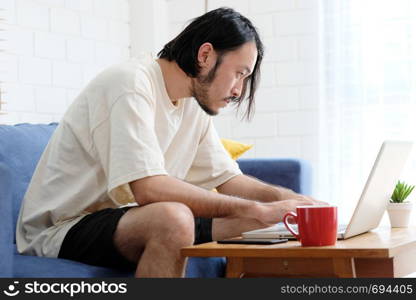 Young asian man in casual style using laptop computer in living room at home background, people and technology, lifestyles, working at home