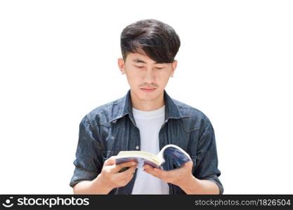 Young asian man reading a book isolated on white background