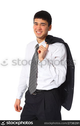 young asian smiling businessman with jacket on shoulder