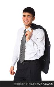 young asian smiling businessman with jacket on shoulder