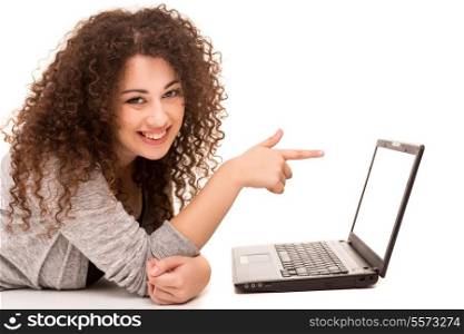 Young asian student working with her laptop, isolated over a white background