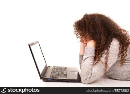 Young asian student working with her laptop, isolated over a white background