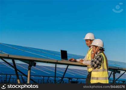 Young Asian technician engineer man and Female supervisor in white helmet, They are discussing quality of mounting of panels on laptop computer in solar farm, copy space