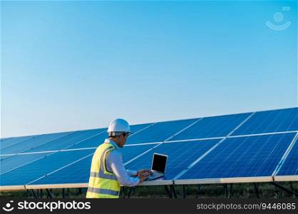 Young Asian technician man checking operation of sun and cleanliness of photovoltaic solar panel and typing on laptop computer while working in solar farm