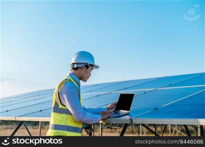 Young Asian technician man checking operation of sun and cleanliness of photovoltaic solar panel and typing on laptop computer while working in solar farm