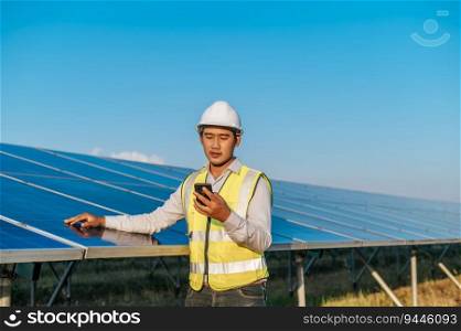 Young Asian technician man standing and talking on smartphone between long rows of photovoltaic solar panels, copy space