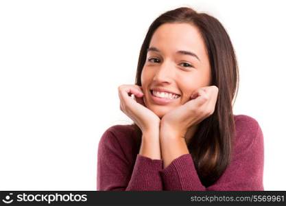 Young asian woman having a brilliant idea, isolated over white