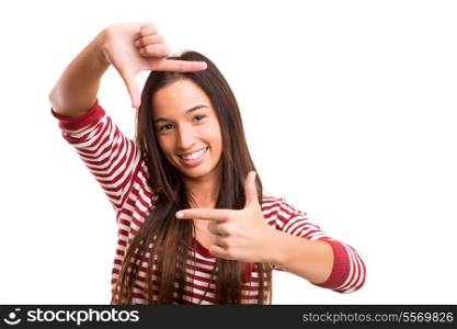 Young asian woman making framing key gesture - isolated over white