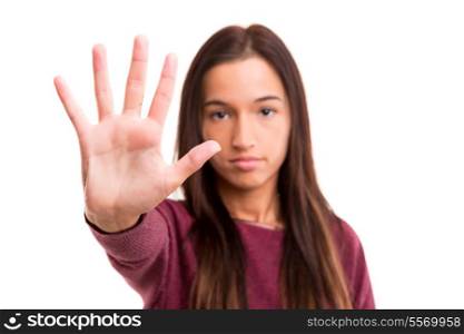 Young asian woman making stop sign with her right hand