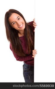 Young asian woman presenting your product on a white card