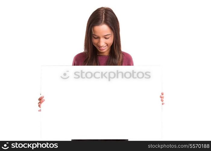 Young asian woman presenting your product on a white card