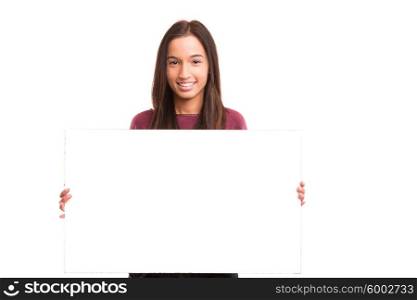 Young asian woman presenting your product on a white card