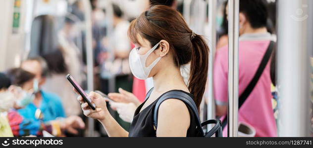 young Asian woman wearing surgical face mask against Novel coronavirus or Corona Virus Disease (Covid-19) at subway inside. Hygiene, Healthcare and infection concept