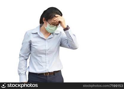 Young Asian woman wearing surgical mask prevent germs, toxic fumes,dust isolated on white background,Wuhan coronavirus (COVID-19) outbreak prevention in public area. Health care and medical concept.