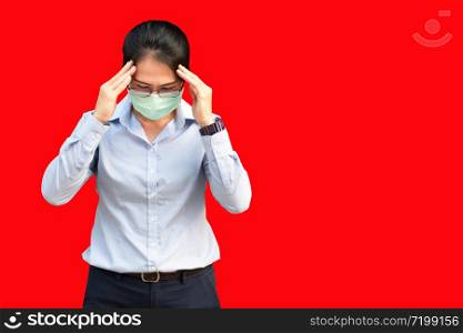 Young Asian woman wearing surgical mask prevent germs, toxic fumes,dust isolated on red background,Wuhan coronavirus (COVID-19) outbreak prevention in public area. Health care and medical concept.