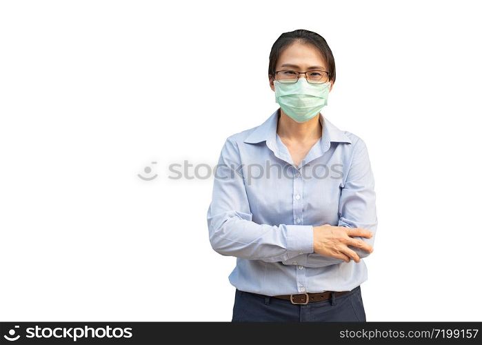 Young Asian woman wearing surgical mask prevent germs, toxic fumes,dust isolated on white background,Wuhan coronavirus (COVID-19) outbreak prevention in public area. Health care and medical concept.