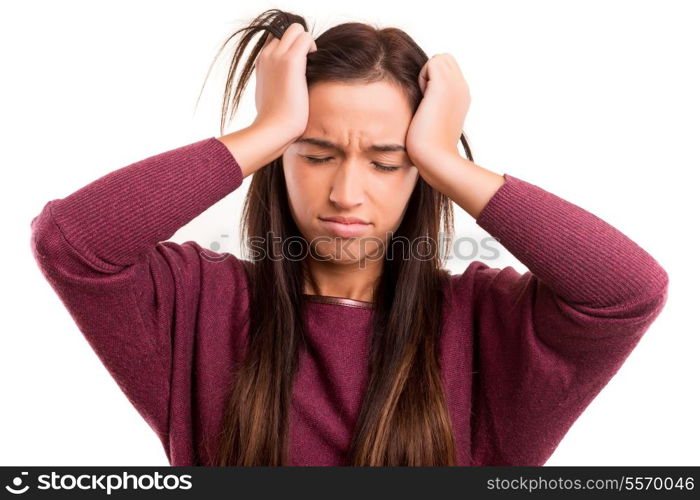 Young asian woman with headache, isolated over white