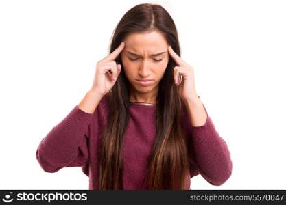 Young asian woman with headache, isolated over white