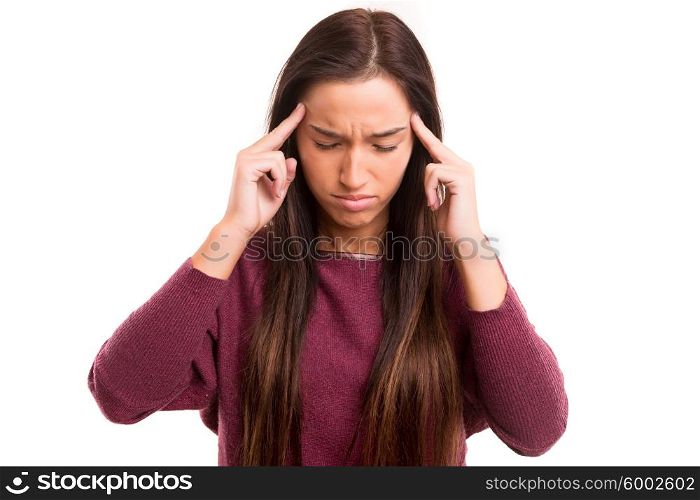 Young asian woman with headache, isolated over white