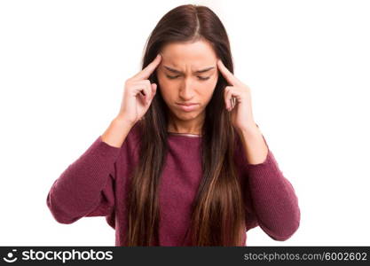 Young asian woman with headache, isolated over white